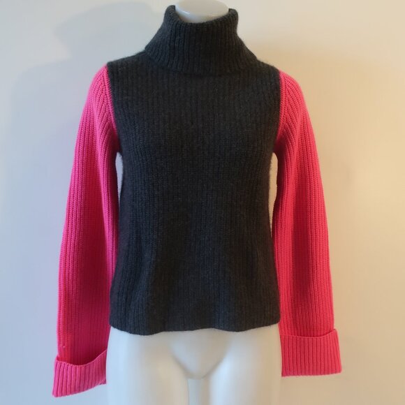 Womens Autumn Cashmere Gray Pink Black Colorblock Shaker Mock Neck Sweater S - Picture 6 of 11